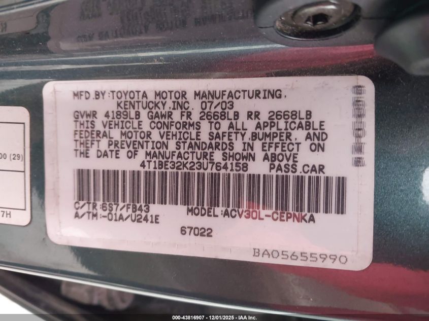 2003 Toyota Camry Le VIN: 4T1BE32K23U764158 Lot: 43816907