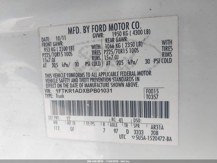 2011 Ford Ranger Xl VIN: 1FTKR1ADXBPB01031 Lot: 43816936