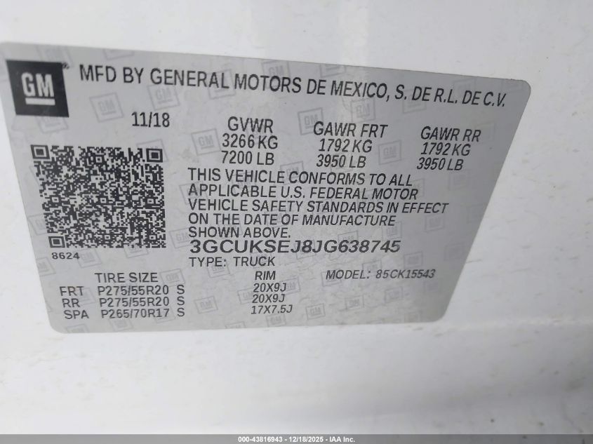 2018 Chevrolet Silverado 1500 2Lz VIN: 3GCUKSEJ8JG638745 Lot: 43816943