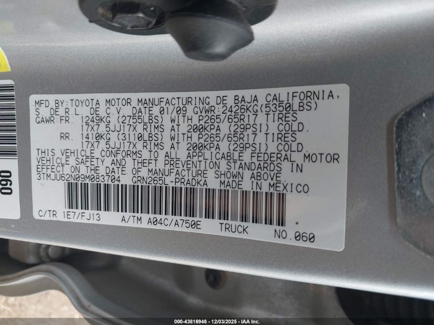 2009 Toyota Tacoma Prerunner V6 VIN: 3TMJU62N09M083704 Lot: 43816946