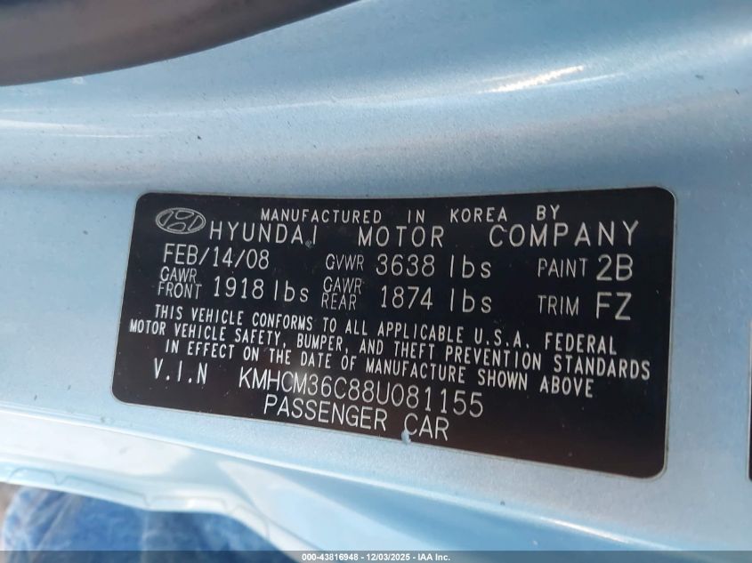 2008 Hyundai Accent Gs VIN: KMHCM36C88U081155 Lot: 43816948