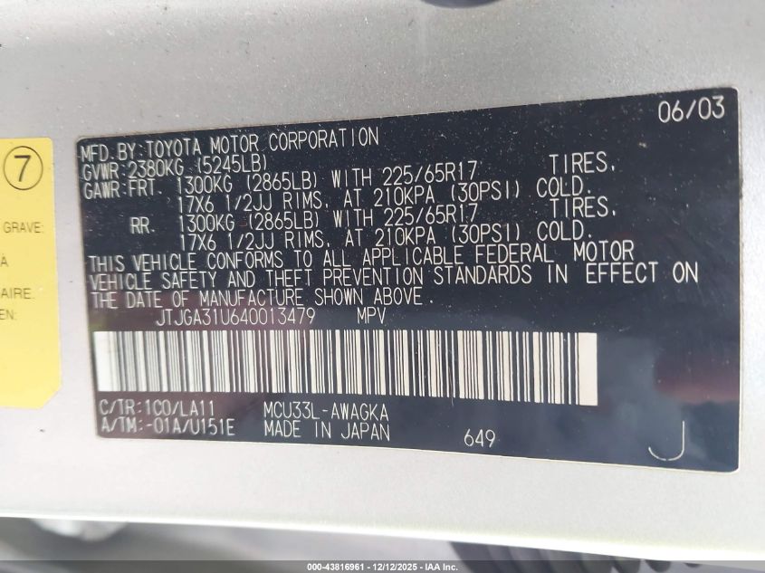 2004 Lexus Rx 330 VIN: JTJGA31U640013479 Lot: 43816961