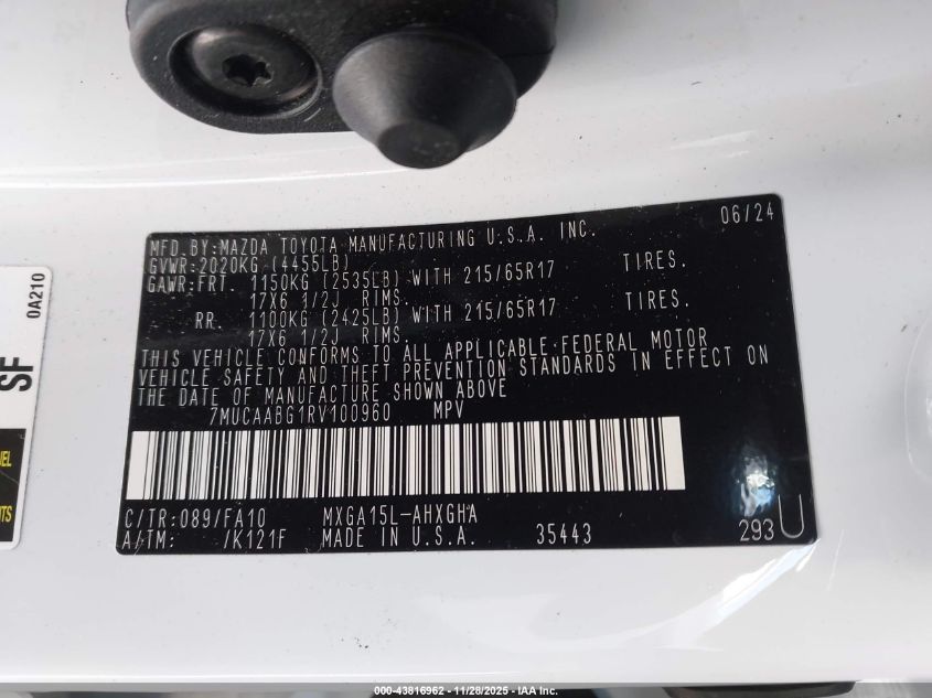 2024 Toyota Corolla Cross Le VIN: 7MUCAABG1RV100960 Lot: 43816962