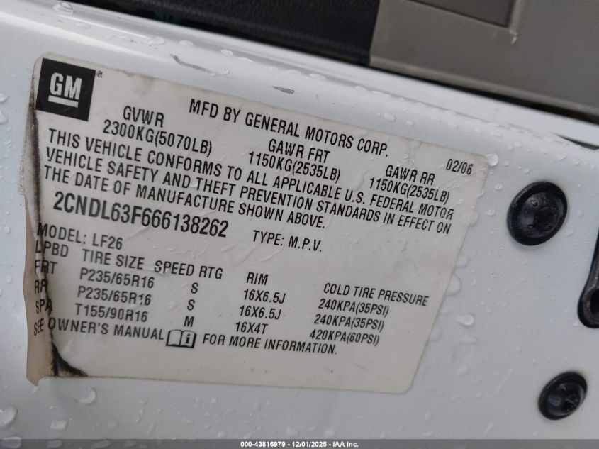 2006 Chevrolet Equinox Lt VIN: 2CNDL63F666138262 Lot: 43816979