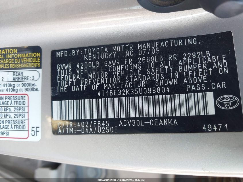 2005 Toyota Camry Le VIN: 4T1BE32K35U098804 Lot: 43816998