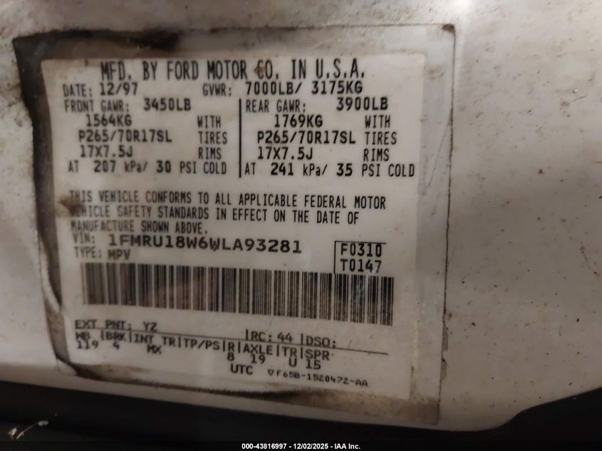 1998 Ford Expedition Eddie Bauer/Xlt VIN: 1FMRU18W6WLA93281 Lot: 43816997