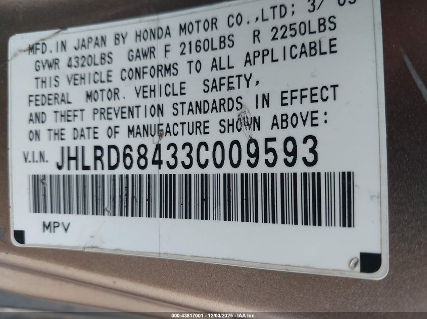 JHLRD68433C009593 2003 HONDA CR-V photo no. 9