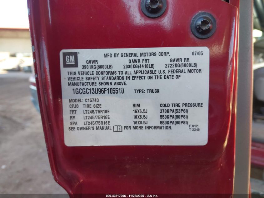 2006 Chevrolet Silverado 1500Hd Lt3 VIN: 1GCGC13U96F105510 Lot: 43817006