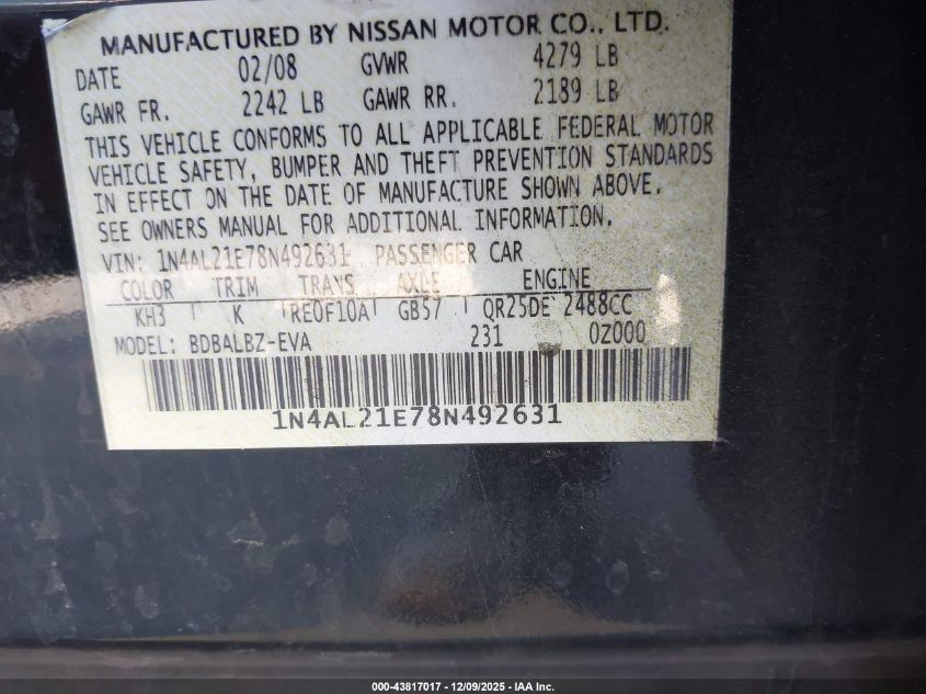 2008 Nissan Altima 2.5 S VIN: 1N4AL21E78N492631 Lot: 43817017