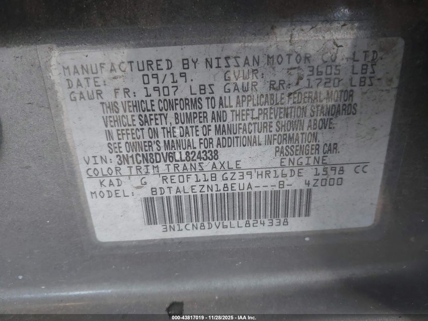 2020 Nissan Versa S Xtronic Cvt VIN: 3N1CN8DV6LL824338 Lot: 43817019