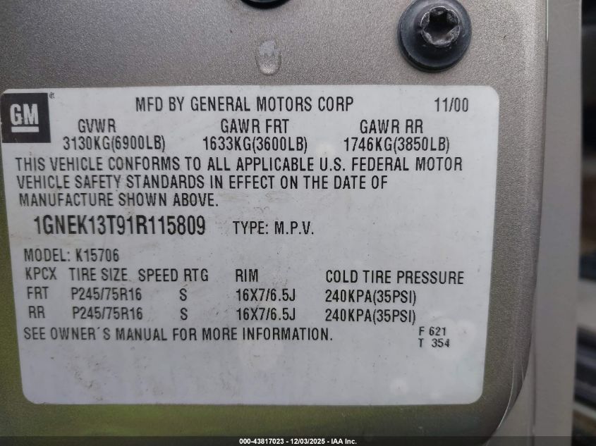 2001 Chevrolet Tahoe Ls VIN: 1GNEK13T91R115809 Lot: 43817023