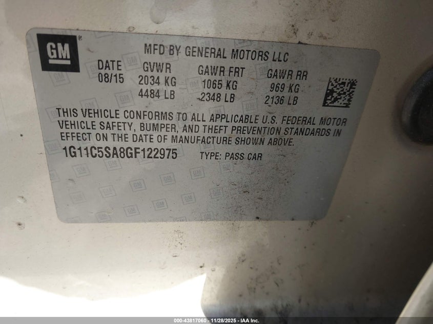 2016 Chevrolet Malibu Limited Lt VIN: 1G11C5SA8GF122975 Lot: 43817060