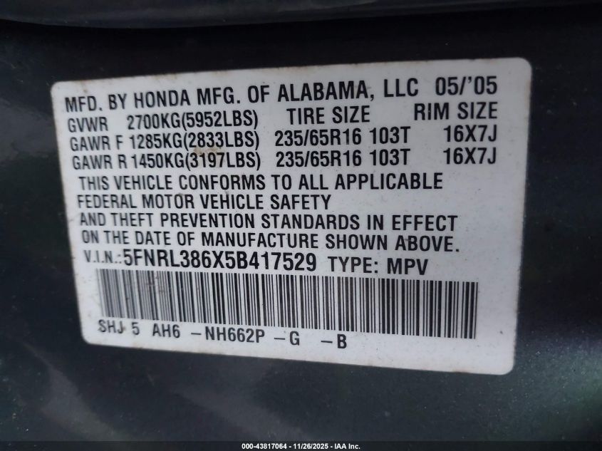 2005 Honda Odyssey Ex-L VIN: 5FNRL386X5B417529 Lot: 43817064