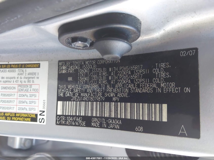 2007 Toyota 4Runner Sr5 V6 VIN: JTEZU14R078079879 Lot: 43817081