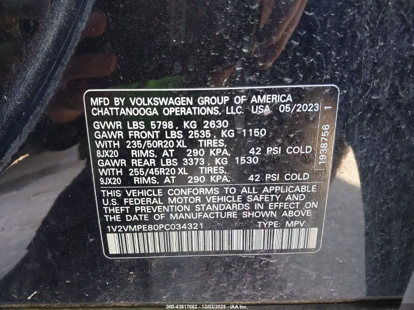 2023 Volkswagen Id.4 Pro/Pro S VIN: 1V2VMPE80PC034321 Lot: 43817082