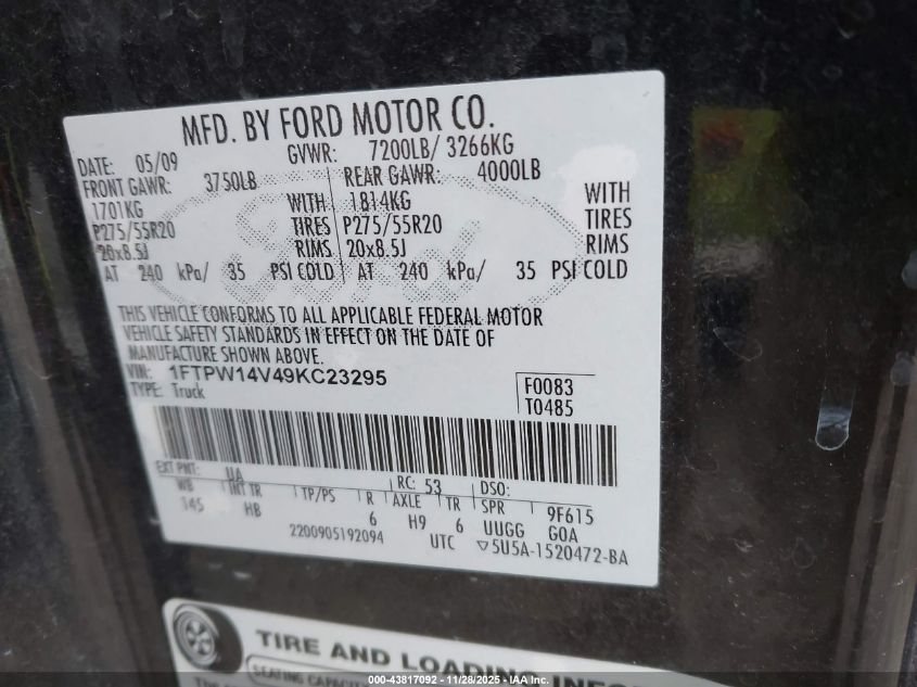 2009 Ford F-150 Lariat VIN: 1FTPW14V49KC23295 Lot: 43817092