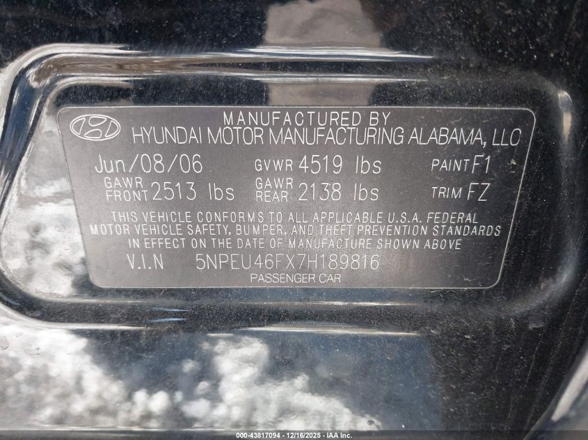 2007 Hyundai Sonata Limited/Se V6 VIN: 5NPEU46FX7H189816 Lot: 43817094