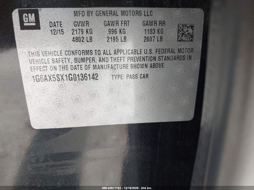2016 Cadillac Cts Luxury Collection VIN: 1G6AX5SX1G0136142 Lot: 43817102
