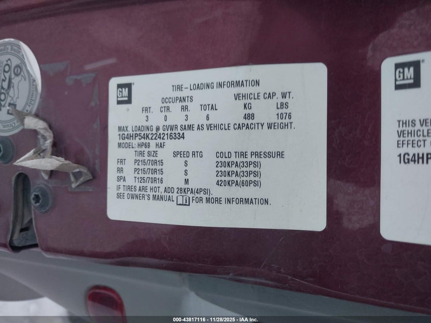 2002 Buick Lesabre Custom VIN: 1G4HP54K224216334 Lot: 43817116