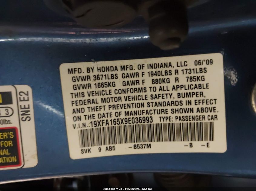 2009 Honda Civic Lx VIN: 19XFA165X9E036993 Lot: 43817123
