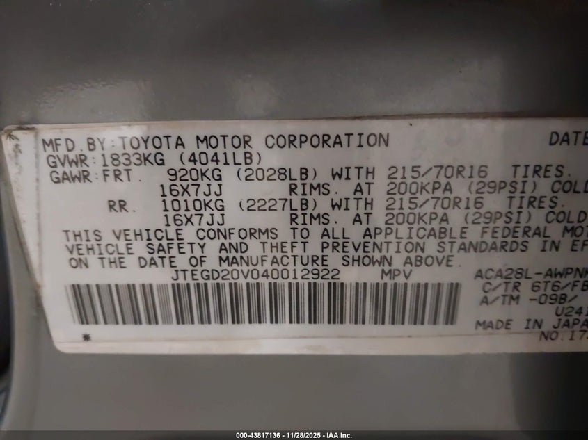 2004 Toyota Rav4 VIN: JTEGD20V040012922 Lot: 43817136