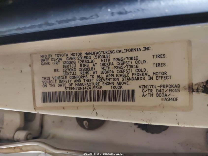 2004 Toyota Tacoma Base V6 VIN: 5TEHN72N14Z419549 Lot: 43817139