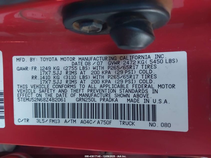 2008 Toyota Tacoma Base V6 VIN: 5TEMU52N68Z482061 Lot: 43817140