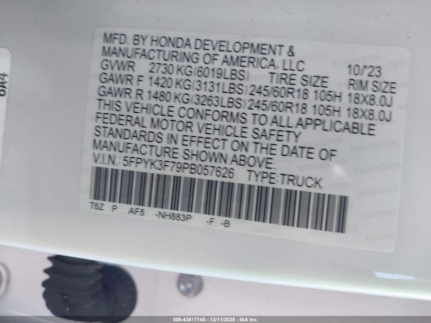 2023 Honda Ridgeline Rtl-E VIN: 5FPYK3F79PB057626 Lot: 43817145