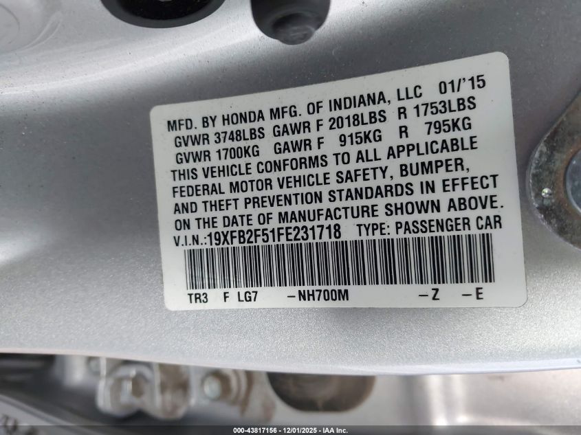 2015 Honda Civic Lx VIN: 19XFB2F51FE231718 Lot: 43817156