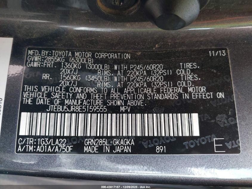 2014 Toyota 4Runner Limited VIN: JTEBU5JR8E5159555 Lot: 43817157