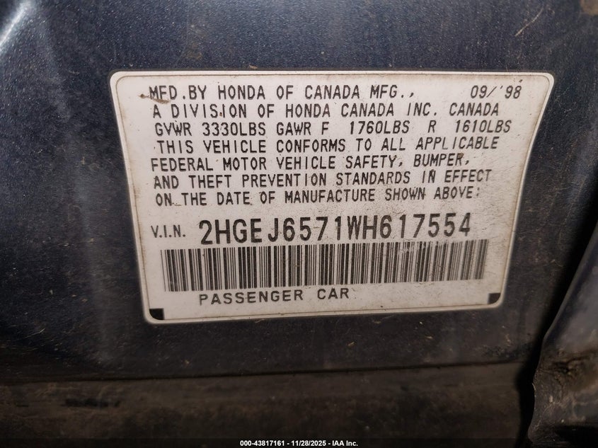 1998 Honda Civic Lx VIN: 2HGEJ6571WH617554 Lot: 43817161