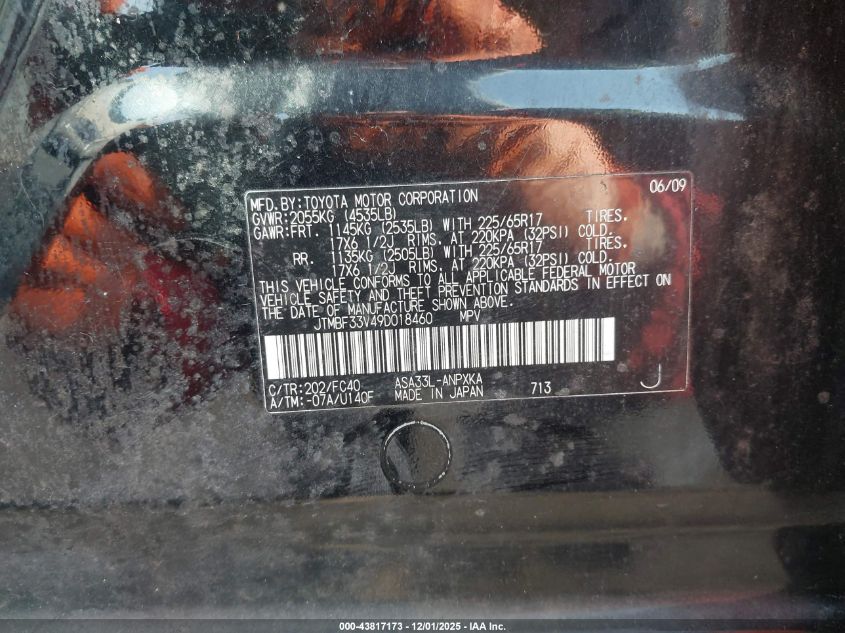 2009 Toyota Rav4 VIN: JTMBF33V49D018460 Lot: 43817173