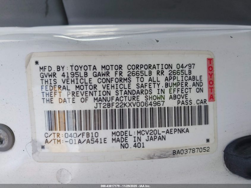 1997 Toyota Camry Le V6 VIN: JT2BF22KXV0064967 Lot: 43817179