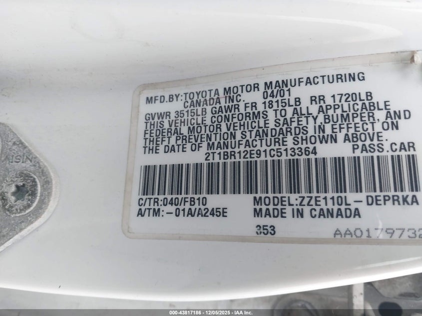 2T1BR12E91C513364 2001 TOYOTA COROLLA photo no. 9