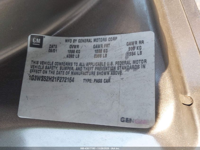 2001 Oldsmobile Intrigue Gl VIN: 1G3WS52H21F272164 Lot: 43817193