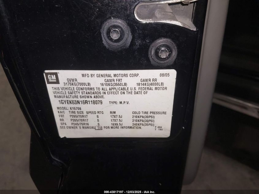 2006 Cadillac Escalade Standard VIN: 1GYEK63N16R118079 Lot: 43817197