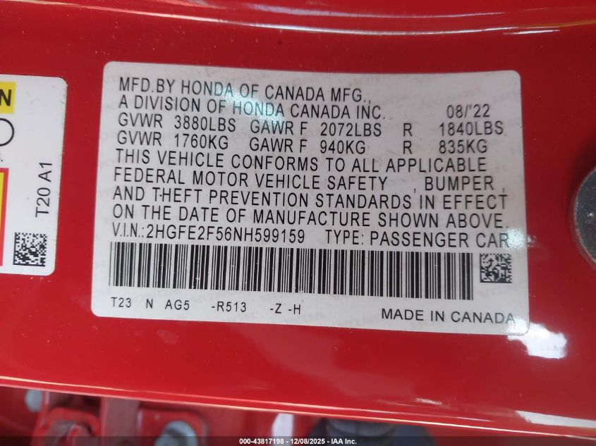 2022 Honda Civic Sport VIN: 2HGFE2F56NH599159 Lot: 43817198