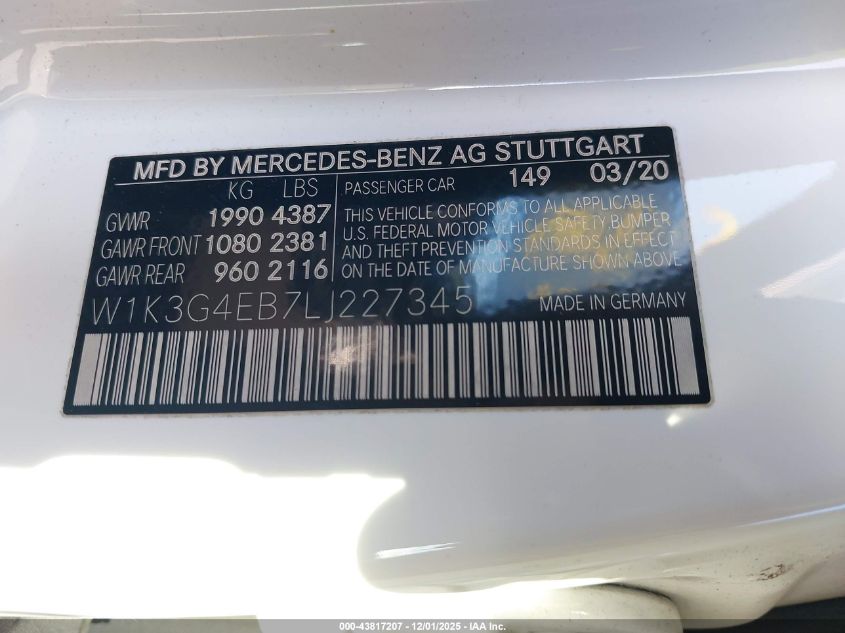 2020 Mercedes-Benz A 220 VIN: W1K3G4EB7LJ227345 Lot: 43817207