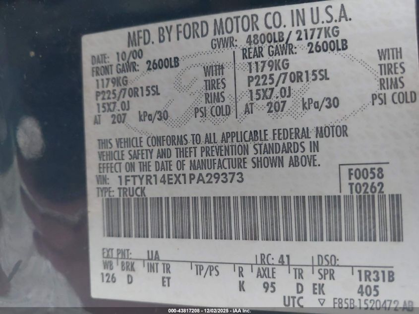 2001 Ford Ranger Edge/Xlt VIN: 1FTYR14EX1PA29373 Lot: 43817208