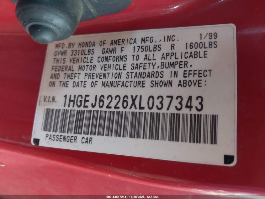 1999 Honda Civic Dx VIN: 1HGEJ6226XL037343 Lot: 43817214
