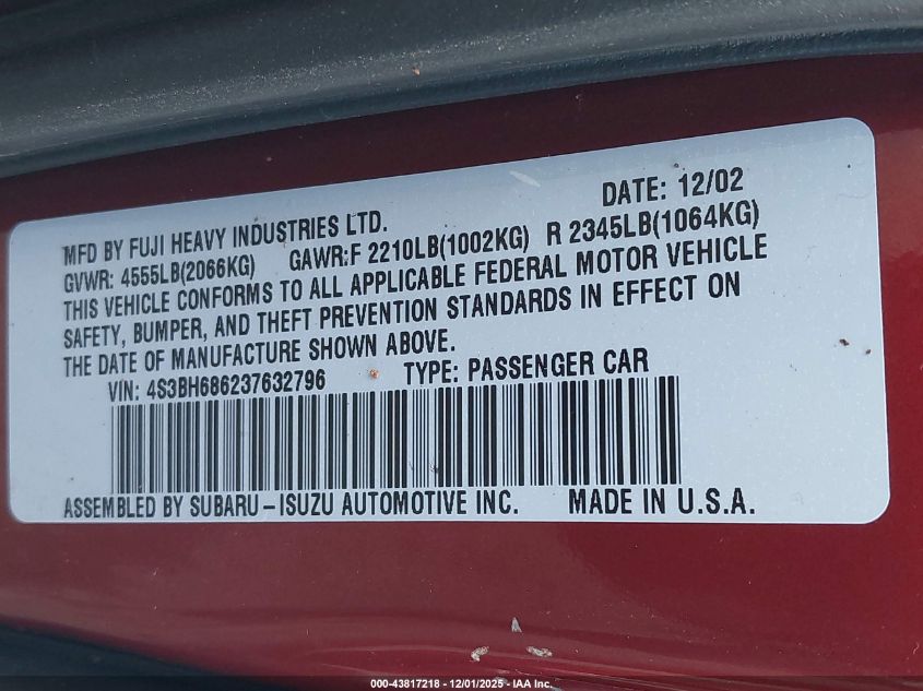 2003 Subaru Outback Limited VIN: 4S3BH686237632796 Lot: 43817218