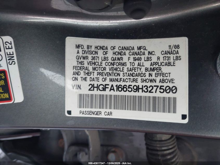 2009 Honda Civic Lx-S VIN: 2HGFA16659H327500 Lot: 43817247