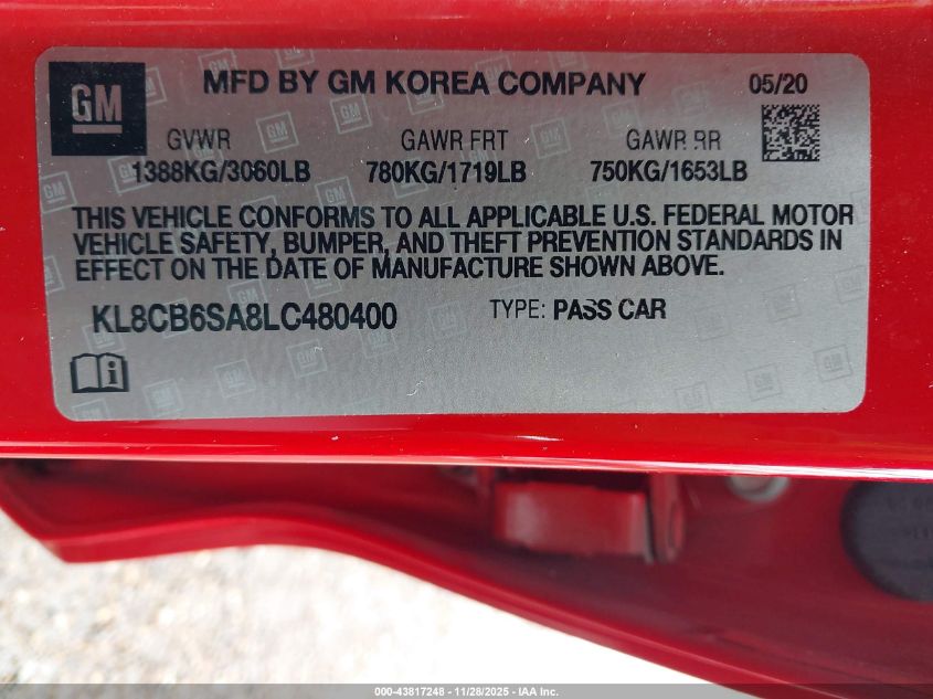 2020 Chevrolet Spark Fwd Ls Automatic VIN: KL8CB6SA8LC480400 Lot: 43817248