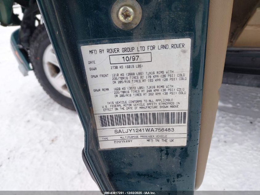 1998 Land Rover Discovery Le/Ls VIN: SALJY1241WA756483 Lot: 43817251