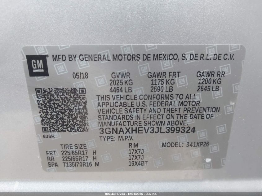 2018 Chevrolet Equinox Ls VIN: 3GNAXHEV3JL399324 Lot: 43817254