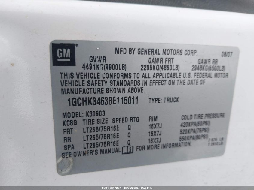 2008 Chevrolet Silverado 3500Hd Lt1 VIN: 1GCHK34638E115011 Lot: 43817257