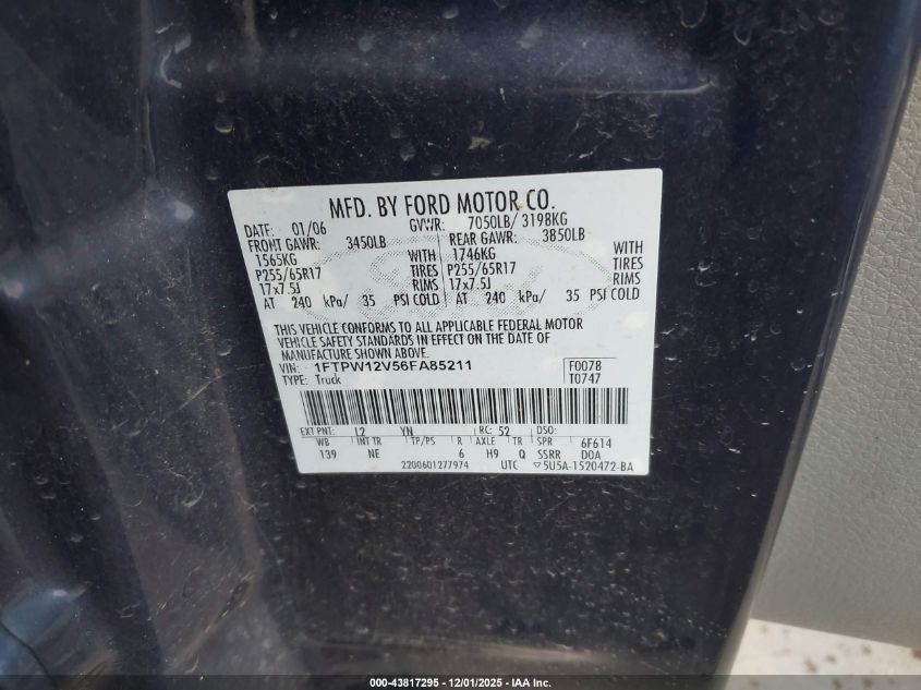 2006 Ford F-150 Lariat/Xlt VIN: 1FTPW12V56FA85211 Lot: 43817295
