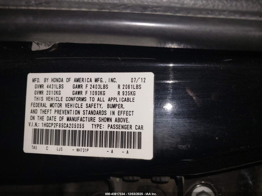 1HGCP2F85CA205055 2012 HONDA ACCORD photo no. 9