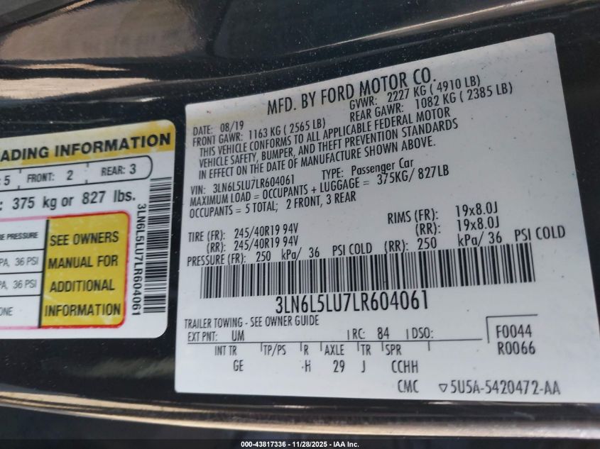 2020 Lincoln Mkz Hybrid Reserve VIN: 3LN6L5LU7LR604061 Lot: 43817336