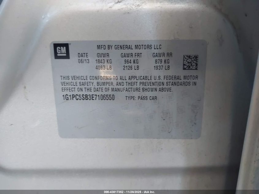 2014 Chevrolet Cruze 1Lt Auto VIN: 1G1PC5SB3E7106550 Lot: 43817352